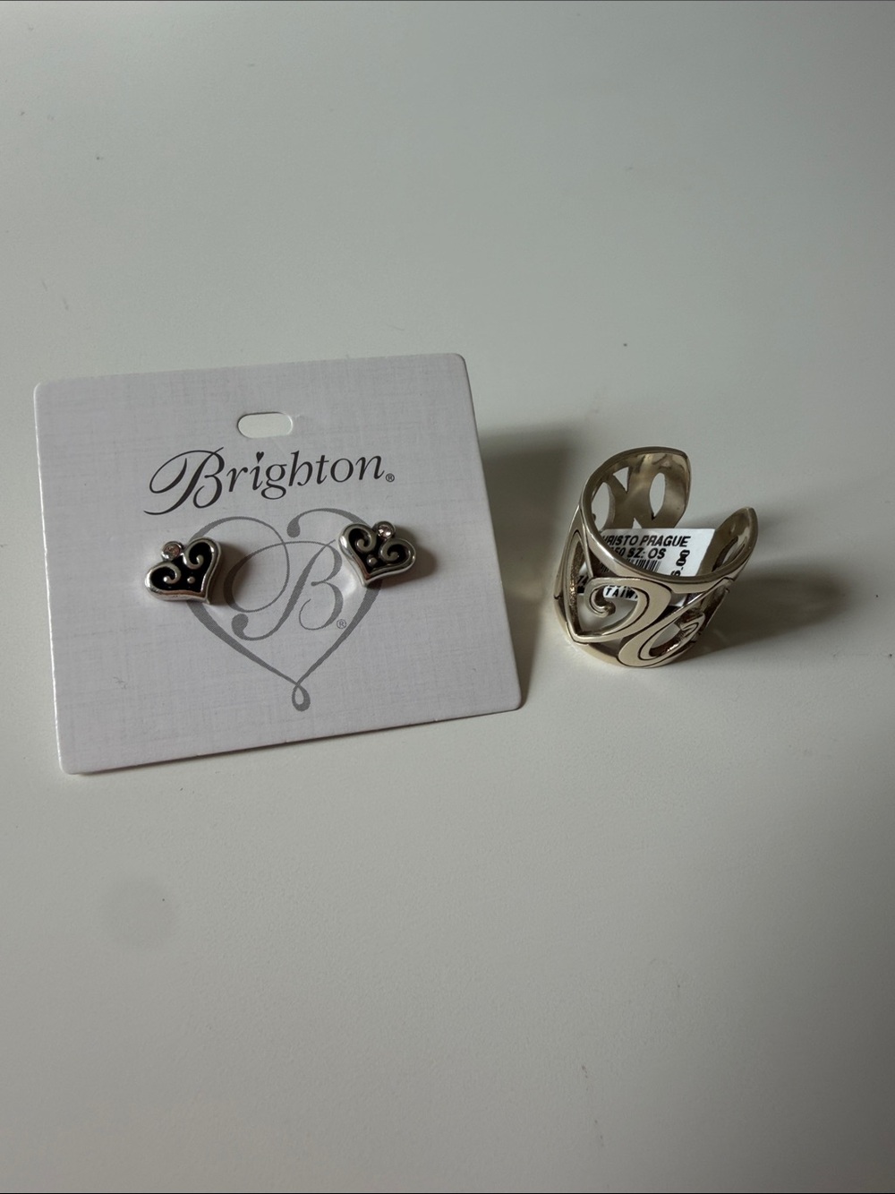 Brighton Silver Heart Scroll Earrings and Swirl Open Ring - Silver